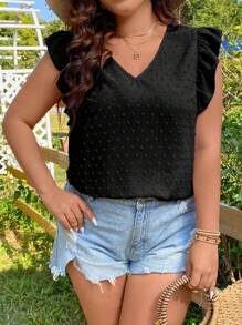 SHEIN Holidaya Plus Swiss Dot Ruffle Trim Blouse