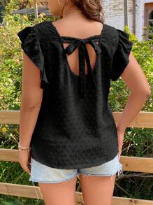 SHEIN Holidaya Plus Swiss Dot Ruffle Trim Blouse