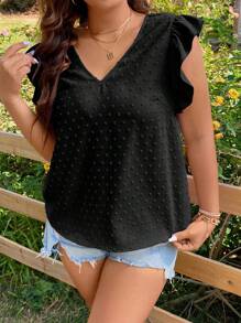 SHEIN Holidaya Plus Swiss Dot Ruffle Trim Blouse