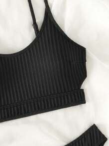 素色鏤空比基尼泳裝 - 黑色 - 查看 4