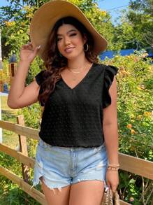 SHEIN Holidaya Plus Swiss Dot Ruffle Trim Blouse