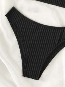 素色鏤空比基尼泳裝 - 黑色 - 查看 5