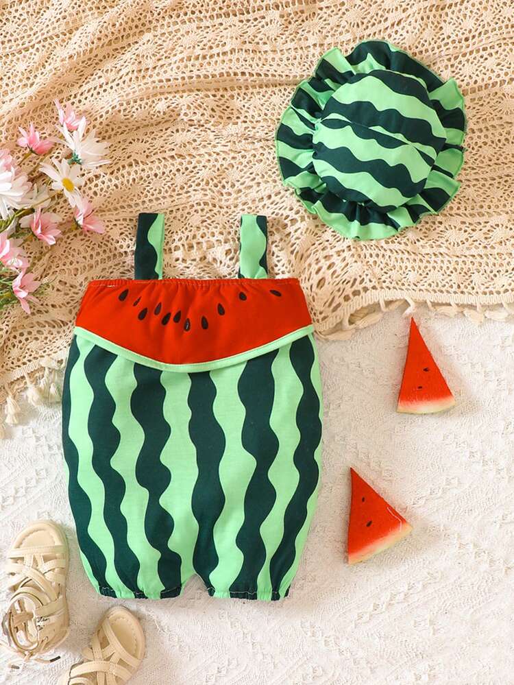 Baby Watermelon Print Cami Romper & Hat - Multicolor - View 2