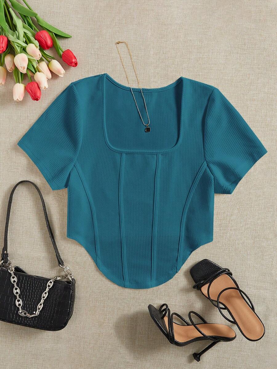 SHEIN EZwear Plus Square Neck Bandana Hem Crop Tee - Teal Blue - View 1