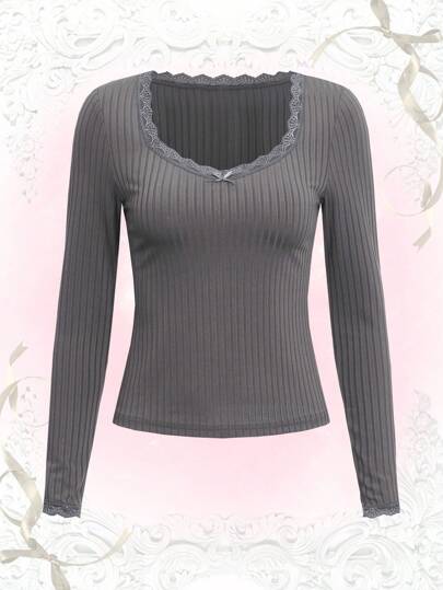 Maglietta monocolore pizzo a contrasto