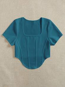 SHEIN EZwear Plus Square Neck Bandana Hem Crop Tee - Teal Blue - View 4