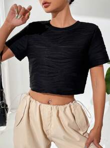 SHEIN EZwear Áo thun nữ màu trơn Giải trí - màu đen - Xem 1