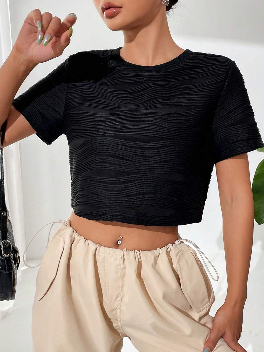 SHEIN EZwear Áo thun nữ màu trơn Giải trí - màu đen - Xem 1