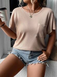 SHEIN LUNE Plus Solid Pocket Patched Waffle Knit Tee - Khaki - View 1