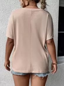 SHEIN LUNE Plus Solid Pocket Patched Waffle Knit Tee - Khaki - View 2