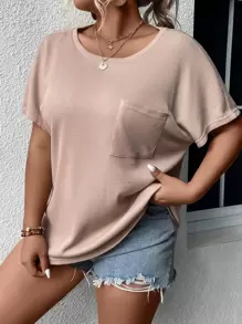 SHEIN LUNE Plus Solid Pocket Patched Waffle Knit Tee - Khaki - View 4