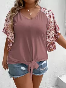 SHEIN LUNE Plus Floral Print Raglan Sleeve Knot Hem Tee - Dusty Pink - View 1