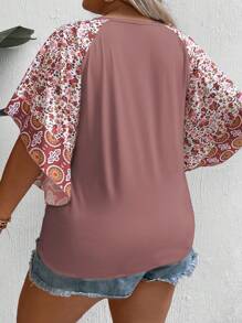 SHEIN LUNE Plus Floral Print Raglan Sleeve Knot Hem Tee - Dusty Pink - View 2