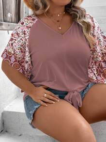 SHEIN LUNE Plus Floral Print Raglan Sleeve Knot Hem Tee - Dusty Pink - View 3