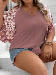 SHEIN LUNE Plus Floral Print Raglan Sleeve Knot Hem Tee - Dusty Pink - View 4