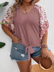 SHEIN LUNE Plus Floral Print Raglan Sleeve Knot Hem Tee - Dusty Pink - View 6