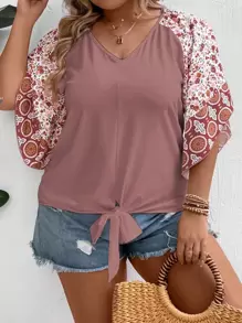 SHEIN LUNE Plus Floral Print Raglan Sleeve Knot Hem Tee - Dusty Pink - View 7