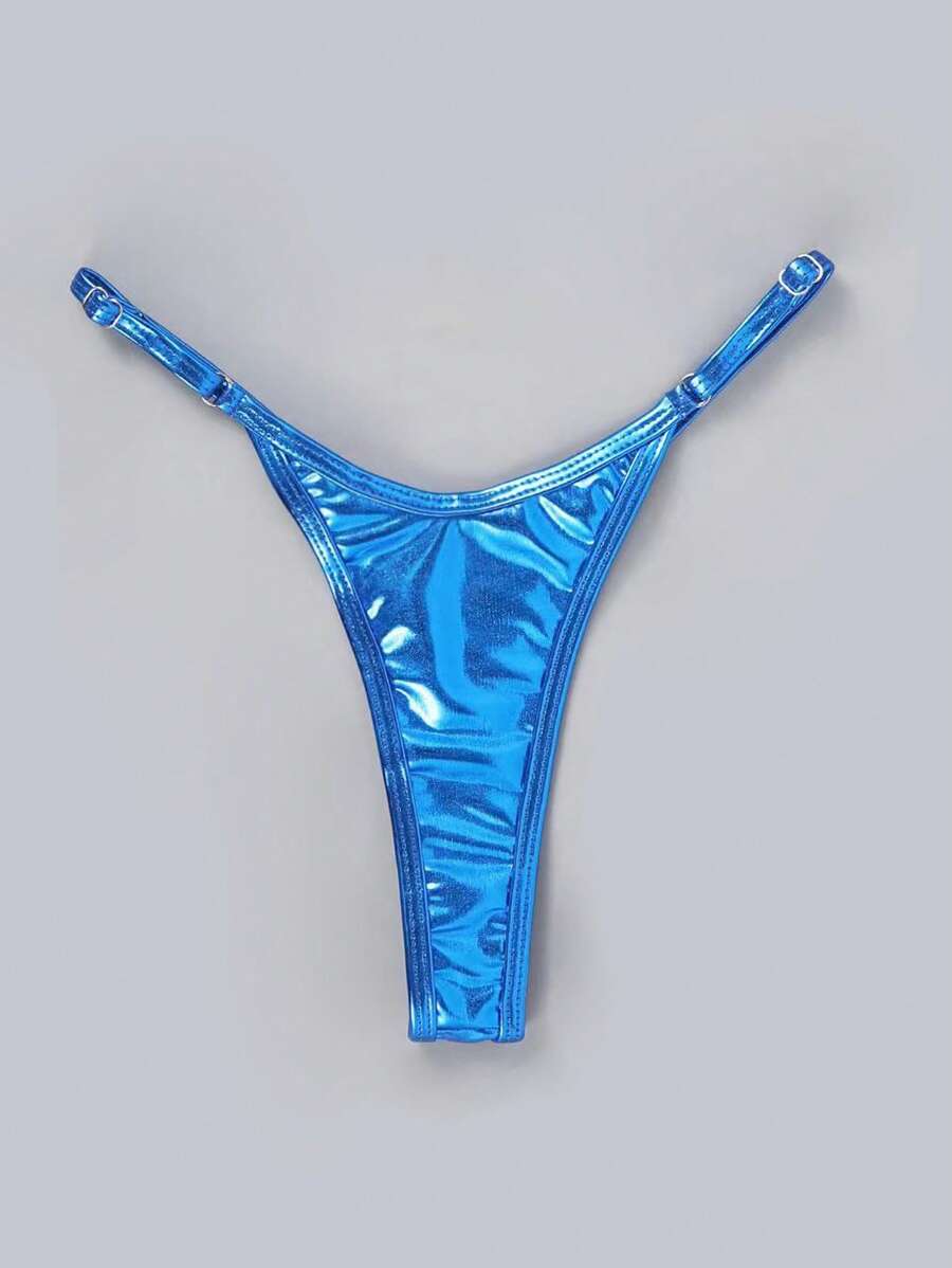 SHEIN Swim Summer Beach Ring Linked Thong Bikini Panty - Royal Blue - View 1