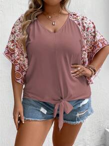 SHEIN LUNE Plus Floral Print Raglan Sleeve Knot Hem Tee - Dusty Pink - View 8