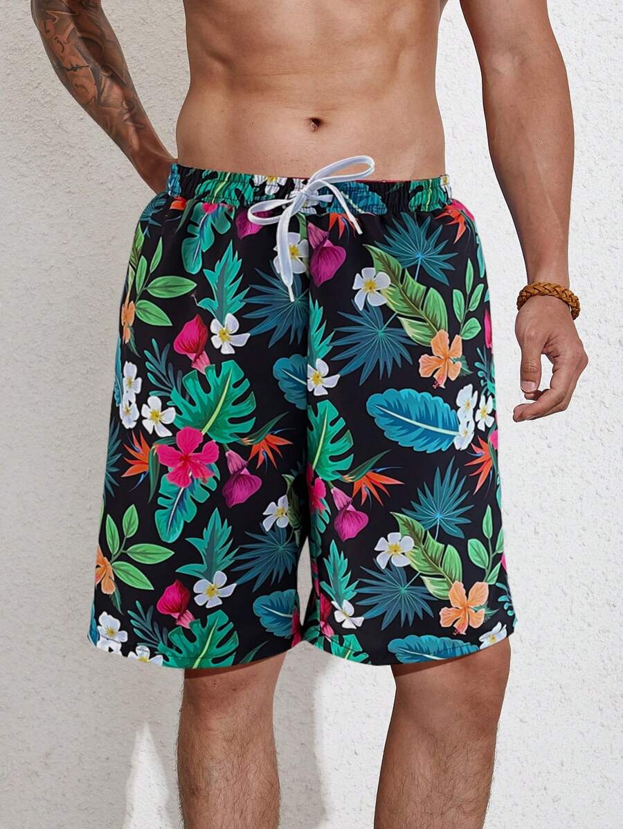 Manfinity Men 1pc Tropical Print Drawstring Waist Swim Trunks - Multicolor - View 1