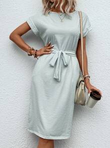 SHEIN LUNE Đầm Thắt lưng Sọc Giải trí - Màu xanh Bạc hà - Xem 3