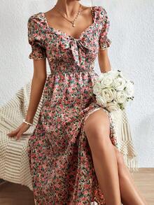 SHEIN Frenchy 滿版印花前打結泡泡袖連衣裙 - 彩色 - 查看 3