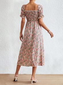 SHEIN Frenchy 滿版印花前打結泡泡袖連衣裙 - 彩色 - 查看 2