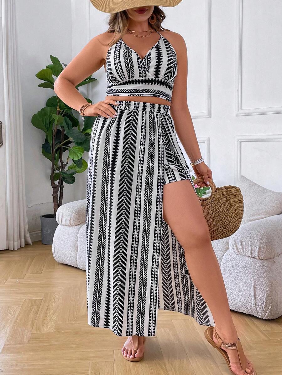 SHEIN VCAY Plus Geo Print Halter Top & Split Thigh Skirt - Black and White - View 1