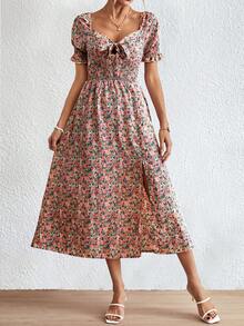 SHEIN Frenchy 滿版印花前打結泡泡袖連衣裙 - 彩色 - 查看 4