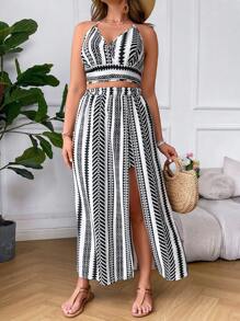 SHEIN VCAY Plus Geo Print Halter Top & Split Thigh Skirt - Black and White - View 5