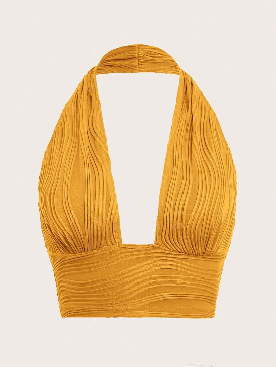 SHEIN ICON Solid Backless Halter Top - Mustard Yellow - View 1