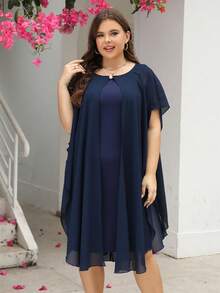 Nemidor Vestido unicolor de manga murciélago - Azul Marino - Ver 3