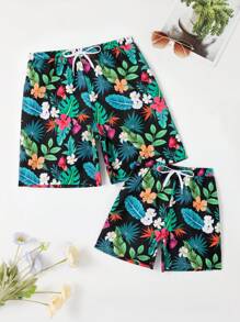 Manfinity Men 1pc Tropical Print Drawstring Waist Swim Trunks - Multicolor - View 5