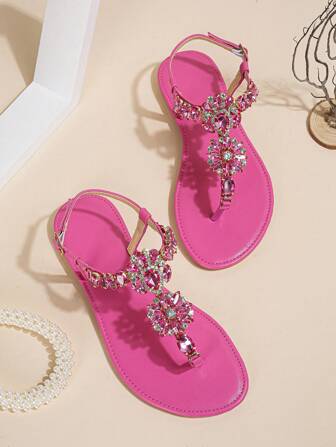 女性水鑽裝飾露跟丁字褲魅力四射夏天平底涼鞋