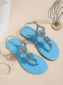 Women Rhinestone Decor Slingback Thong Sandals, Glamorous Summer Flat Sandals,Flip Flops - Baby Blue - View 2
