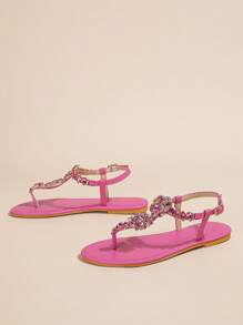 女性水鑽裝飾露跟丁字褲魅力四射夏天平底涼鞋 - 玫紅色 - 查看 3