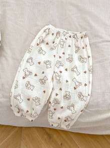 夏季新款婴儿服装，卡通彩虹可爱小熊印花棉质长裤，时尚百搭防蚊裤 - 白色 - 查看 1