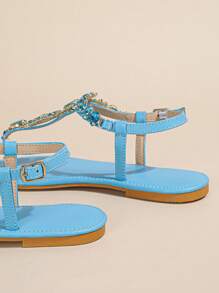 Women Rhinestone Decor Slingback Thong Sandals, Glamorous Summer Flat Sandals,Flip Flops - Baby Blue - View 3