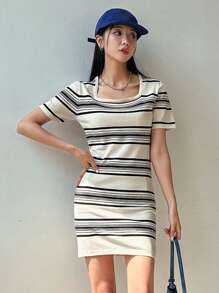 DAZY Striped Print Square Neck Dress Sundress,Mini Dress
