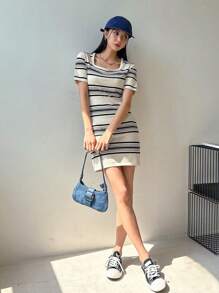 DAZY Striped Print Square Neck Dress Sundress,Mini Dress
