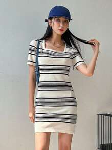 DAZY Striped Print Square Neck Dress Sundress,Mini Dress