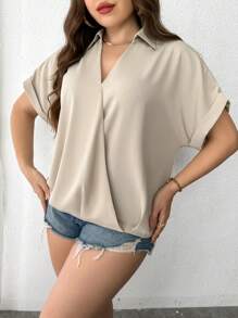 SHEIN LUNE Blusa unicolor de manga murciélago con diseño cruzado - Caqui - Ver 3