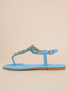 Women Rhinestone Decor Slingback Thong Sandals, Glamorous Summer Flat Sandals,Flip Flops - Baby Blue - View 4