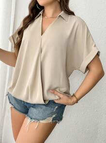 SHEIN LUNE Blusa unicolor de manga murciélago con diseño cruzado - Caqui - Ver 4