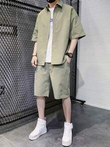 Bộ hai mảnh Nam Nút phía trước màu trơn Giải trí - xanh quân đội - Xem 1