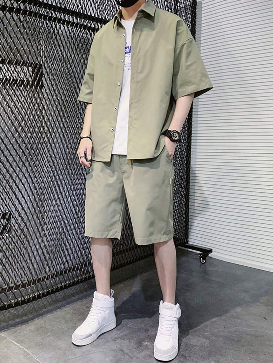 Bộ hai mảnh Nam Nút phía trước màu trơn Giải trí - xanh quân đội - Xem 1