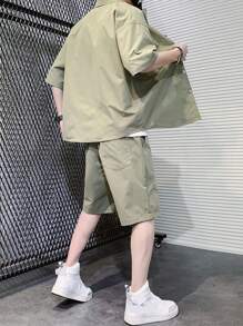 Bộ hai mảnh Nam Nút phía trước màu trơn Giải trí - xanh quân đội - Xem 2