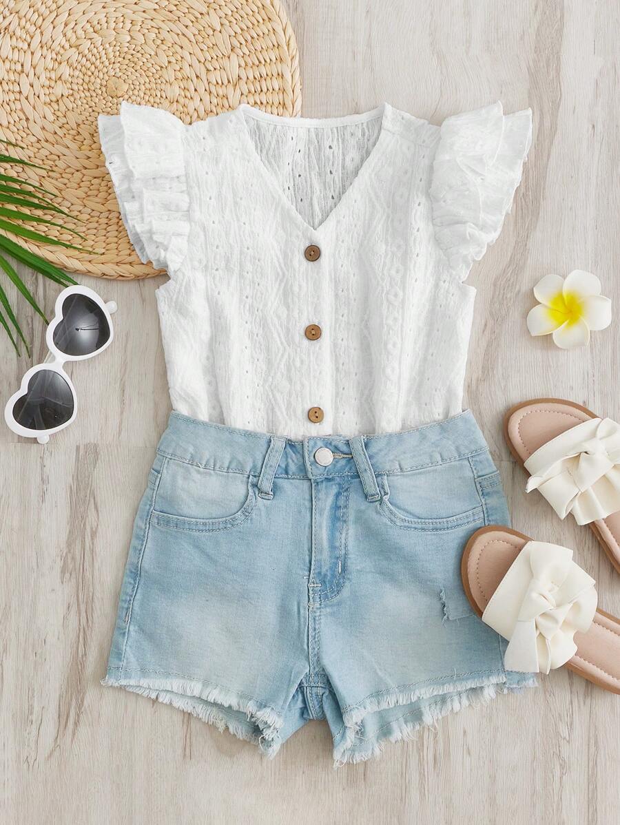 SHEIN Young Girl Eyelet Embroidery Ruffle Trim Blouse