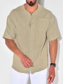 男士素色口袋貼布前排扣襯衫 - 杏色 - 查看 4