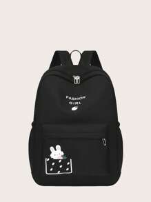 女孩字母圖案和兔子圖案拉鍊經典背包 - 黑色 - 查看 1